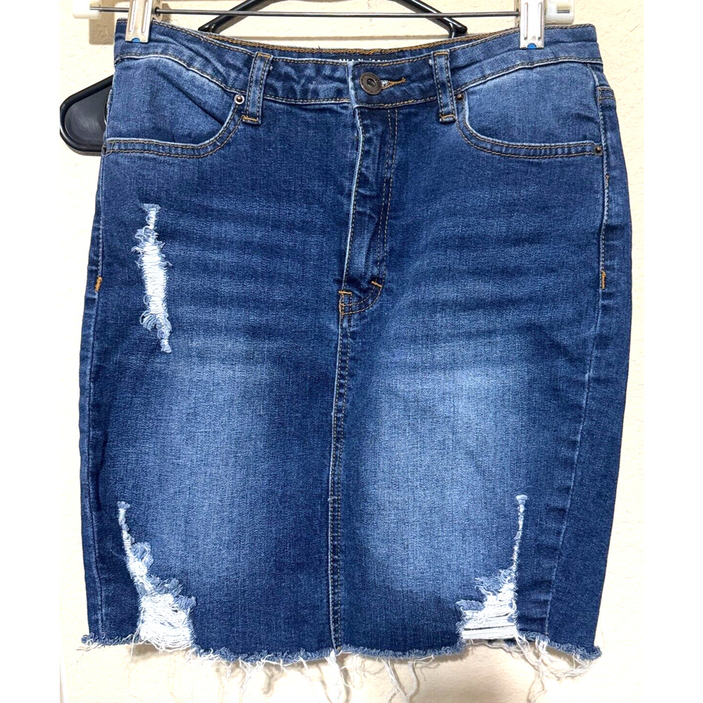 Y2K‎ Wax Jeans Mini Skirt Distressed Ripped Stretch Denim Blue Size S 28 Grunge